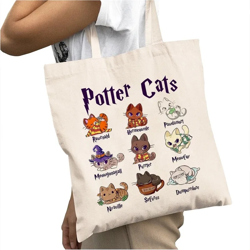 Shopper Tote Canvas - Casual Cartoon Potter Cats Women Shopping