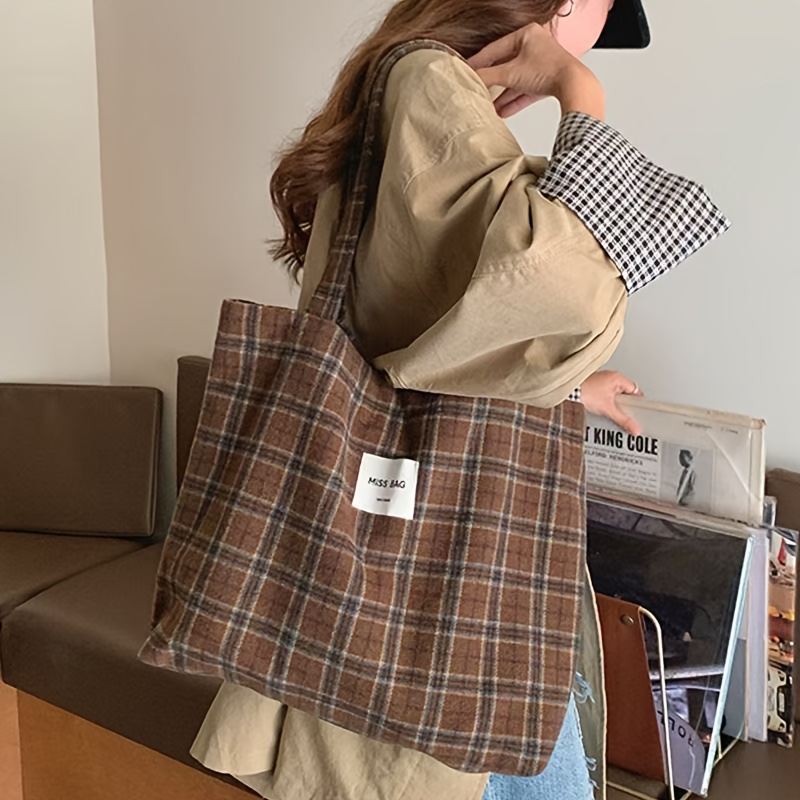 Shopper Tote Canvas - Autumn and Winter Checkered Tote Bag,