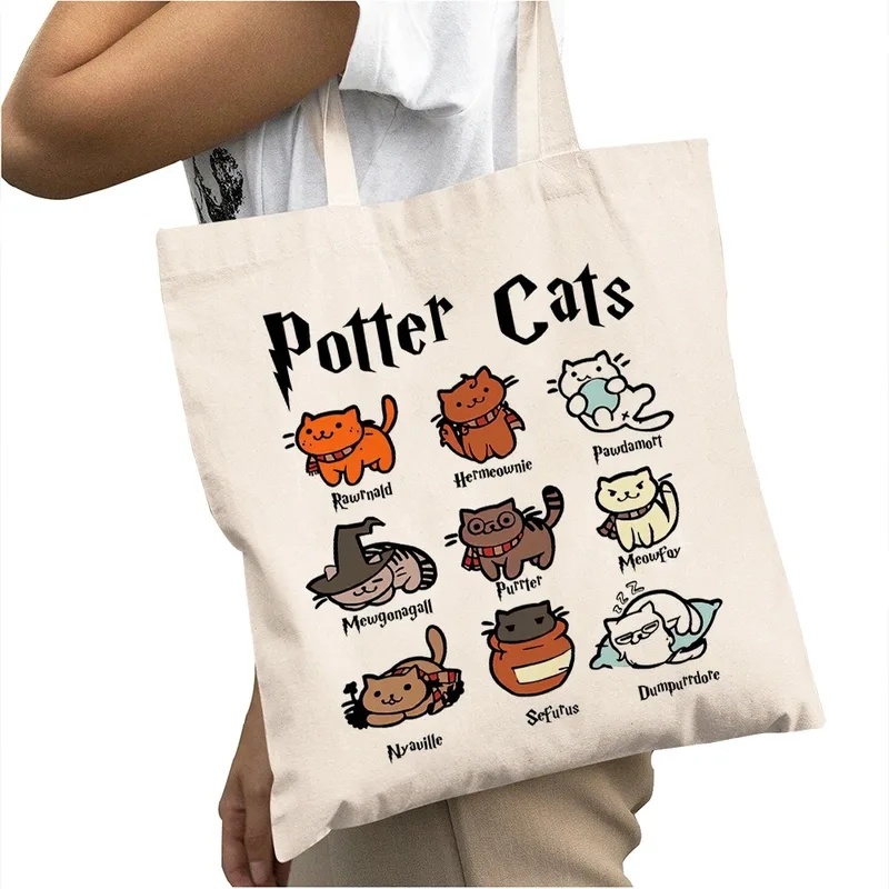 Casual Cartoon Potter Cats Wom - Shopper Tote Canvas ulasan dan harga