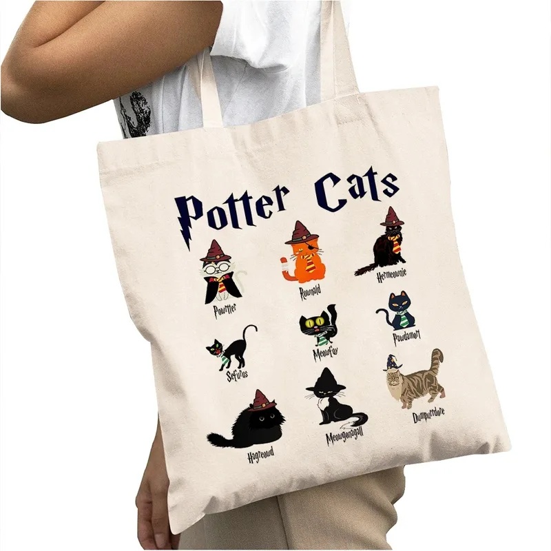 Casual Cartoon Potter Cats Wom - Shopper Tote Canvas ulasan dan harga